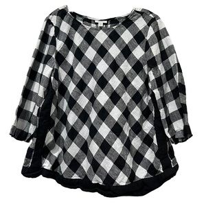 J. Jill Large Black Grey White Checker 3/4 Bowtneck Blouse Top 💯 Linen Y